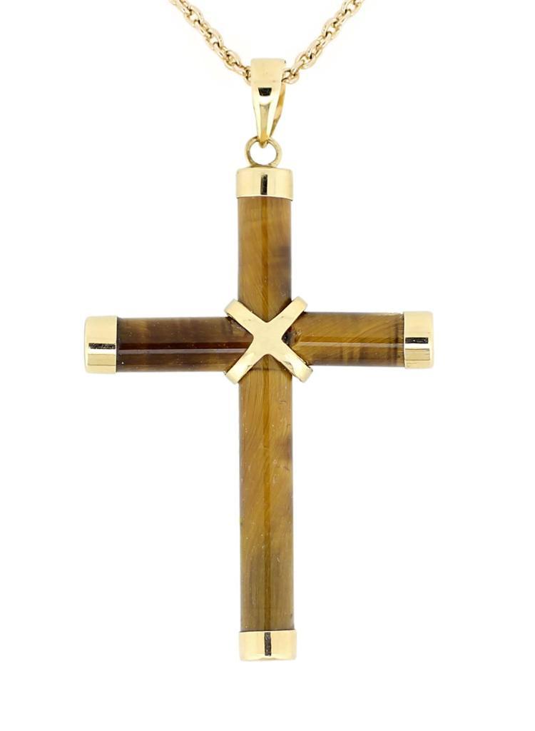 14K Yellow Golden Tiger’s Eye Cross Pendant 1 1/2 Inch Drop Religious Cross