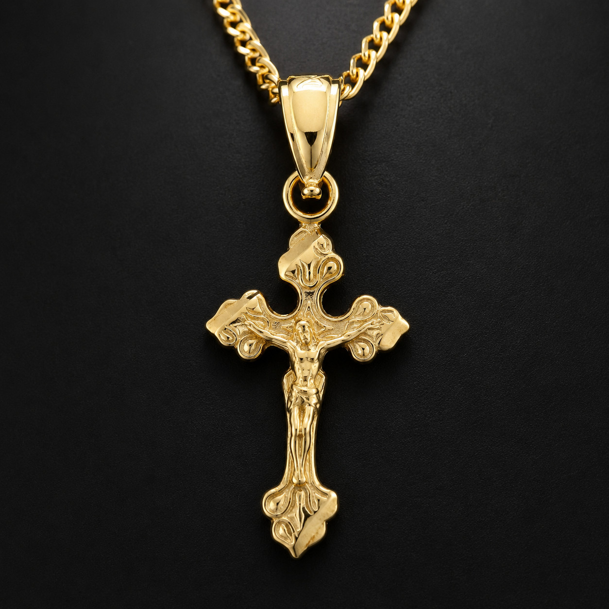 10K Solid Yellow Gold Ornate Crucifix Cross Pendant Jesus Religious Charm 19.5mm