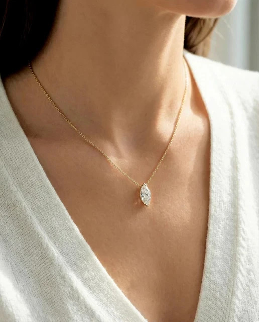 Solitaire 2 Ct Marquise Cut Lab-Created Diamond Pendant 14K Yellow Gold Plated
