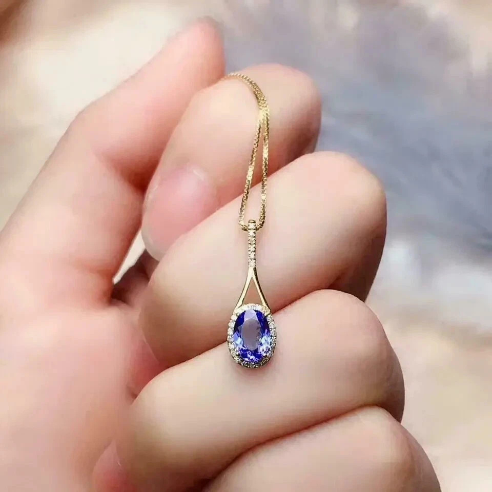 2Ct Oval Cut Blue Tanzanite Halo Pendant 14K Yellow Gold Finish 18″ Free Chain