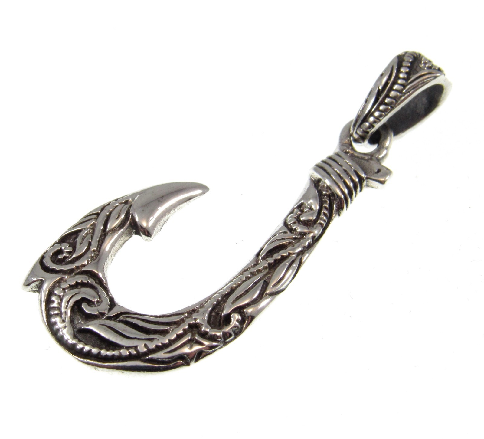 Solid 925 Sterling Silver Ornate Filigree Nautical J Hook Fish Hook Pendant