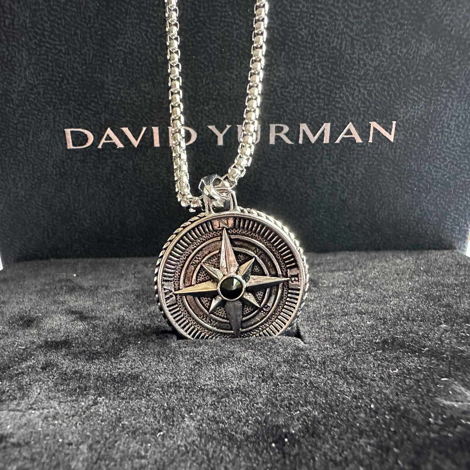 David Maritime Compass Amulet Sterling Silver with Center Black Diamond