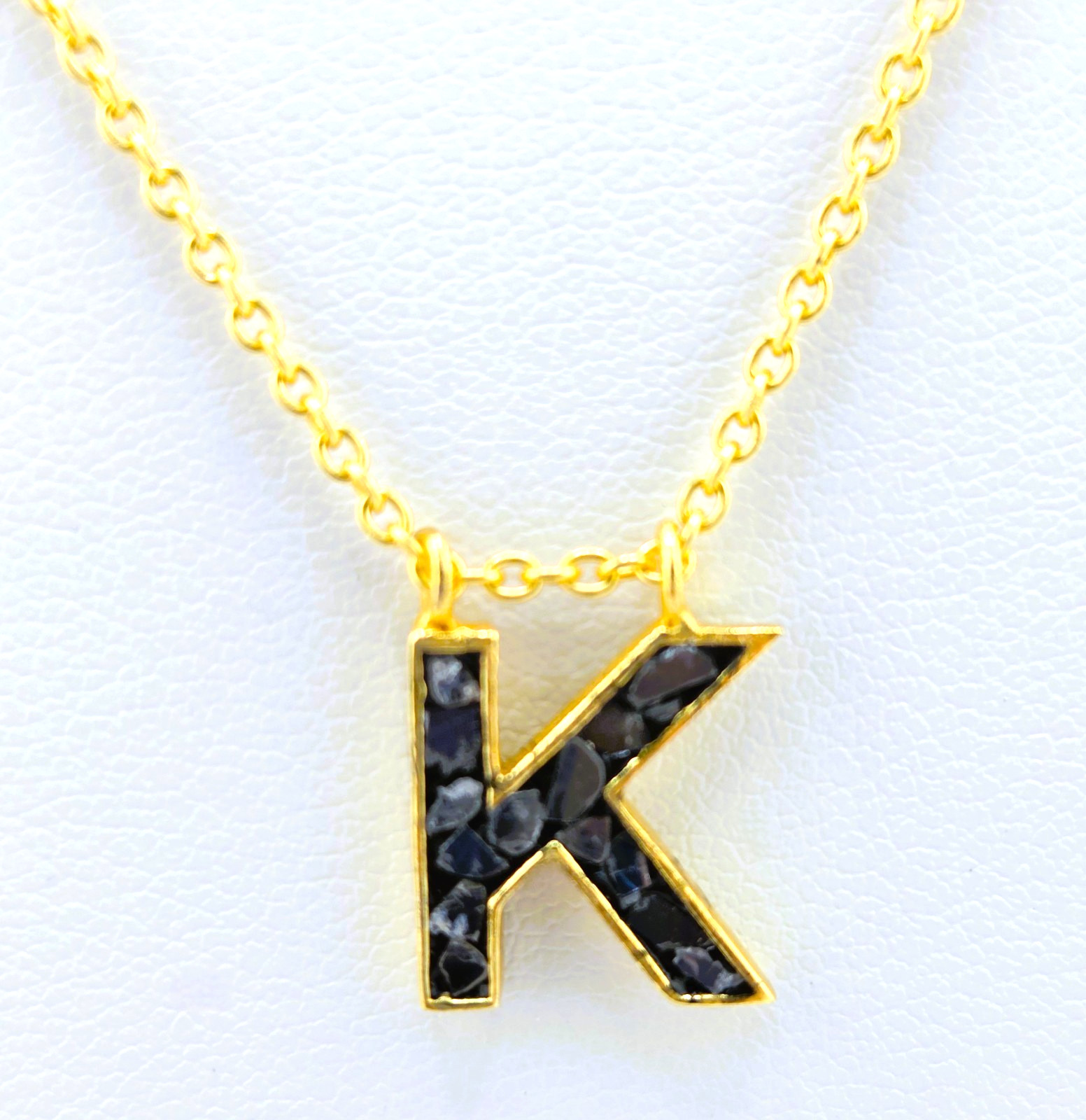 Joya “K” Initial Necklace Crushed Black Diamond 18″ Sterling Gold tone 1230