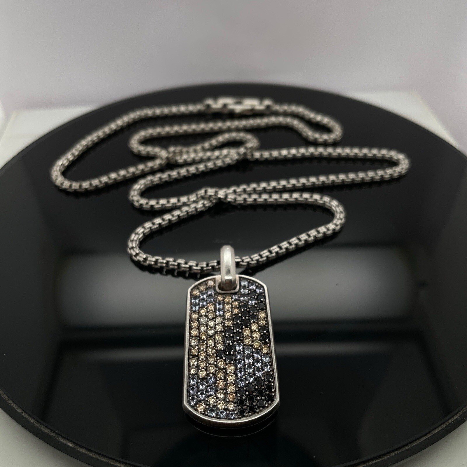 David Yurman Silver Diamonds & Garnets Chevron Tag Pendant Necklace $5000 Retail