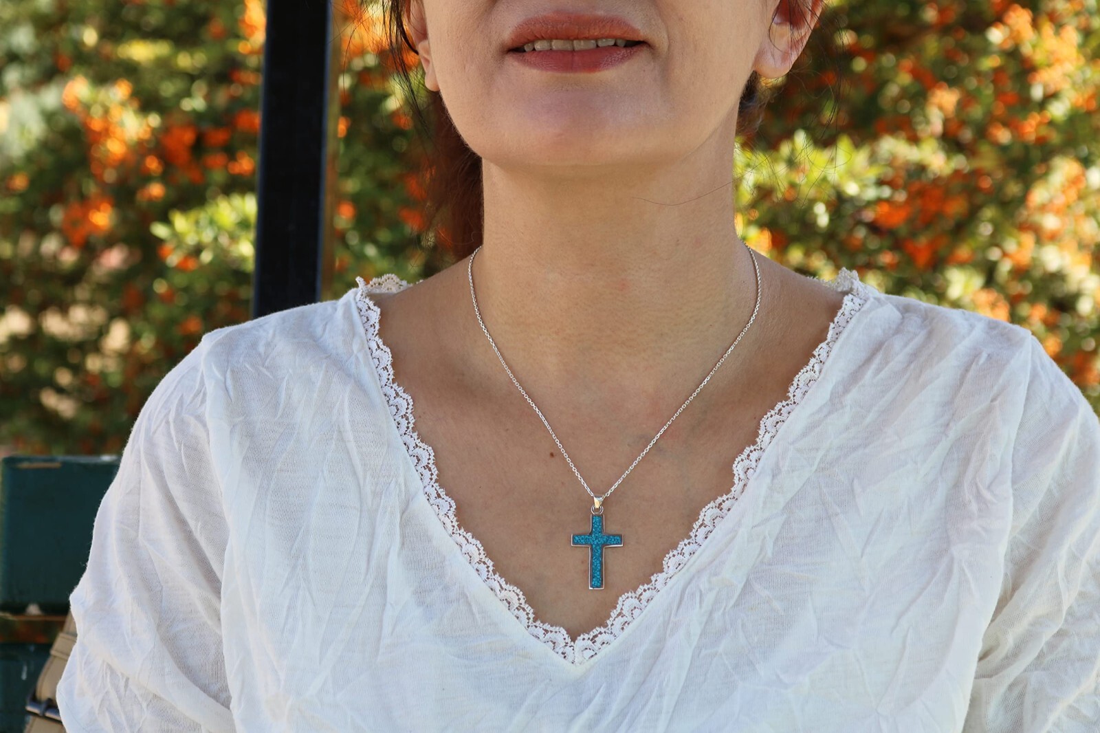 Sterling Silver 925 Blue Turquoise Cross Pendant for Men & Women- No Chain