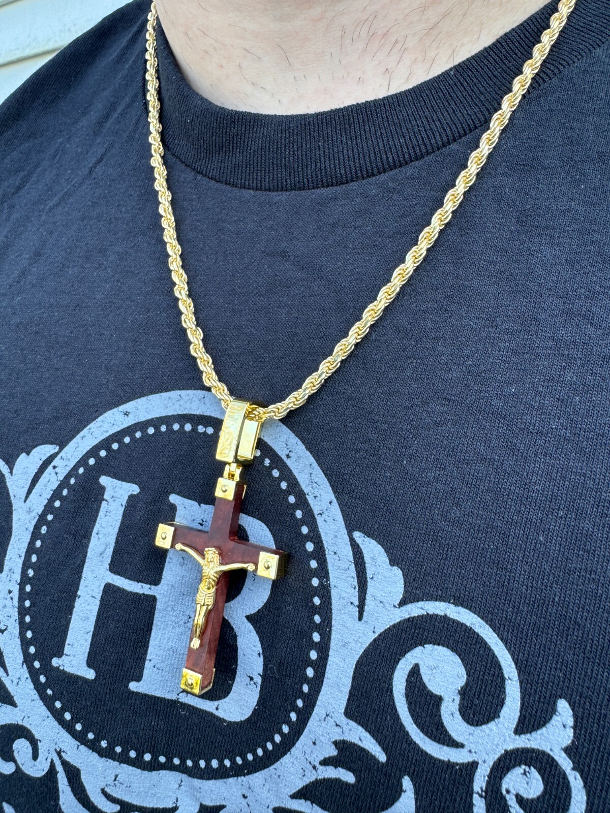 Plain Real 925 Silver & Natural Wood Jesus Cross Pendant Necklace ITALY Handmade