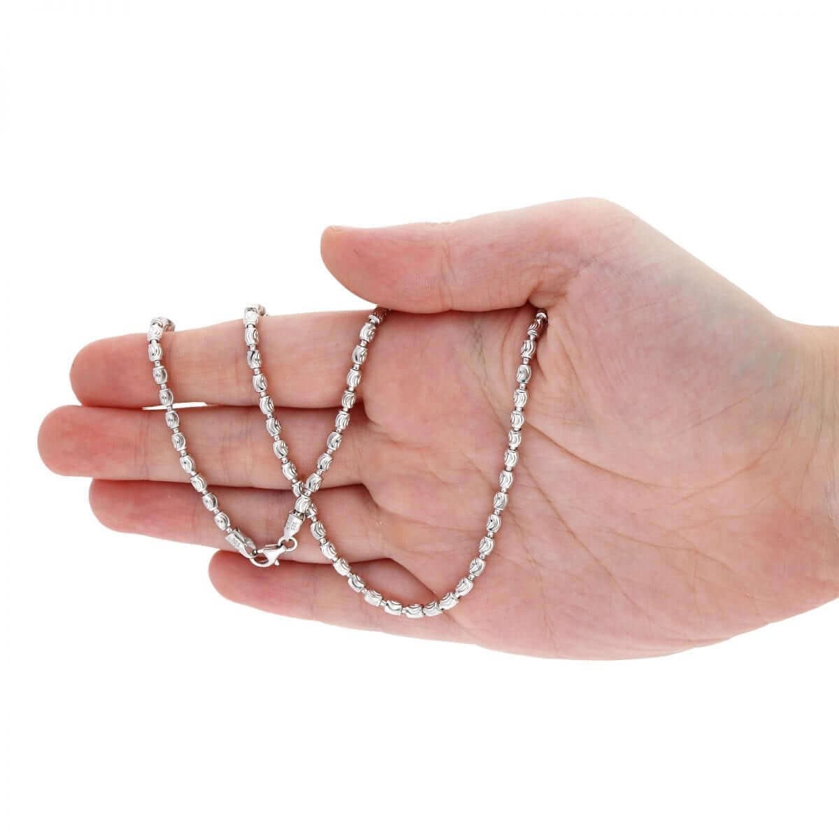 925 Silver 2mm-4mm White Half Moon Cut Oval Barrel Beaded Chain Necklace 18″-26″