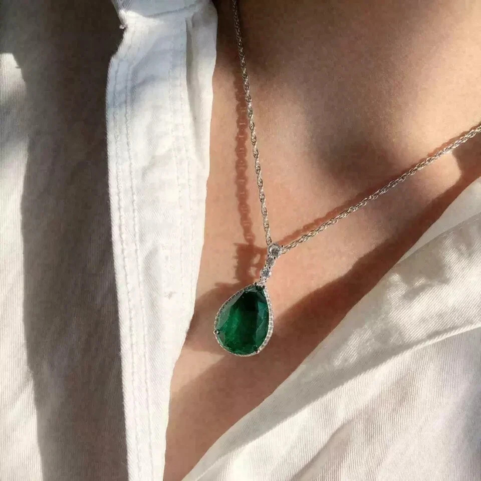 3Ct Pear Cut Green Emerald Women’s Halo Pendant 14K White Gold Finish