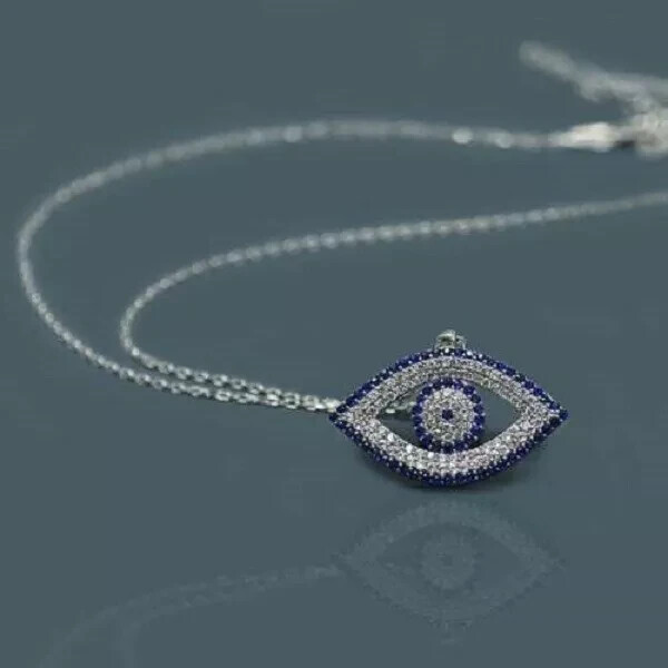 1.00Ct Round Cut Blue Sapphire & Diamond 14K White Gold Finish Evil Eye Pendant