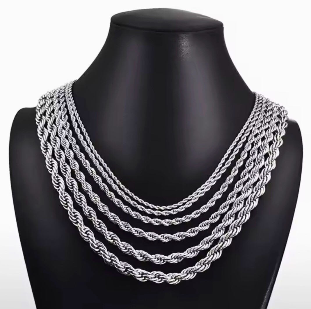 925 Sterling Silver Rope Link Chain Necklace–Unisex, Stainless Steel, Plated