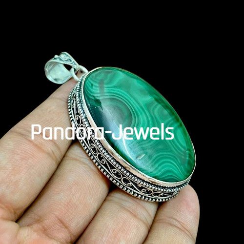 Green Malachite Gemstone Handmade 925 Sterling Silver Jewelry Oval Cut Pendant