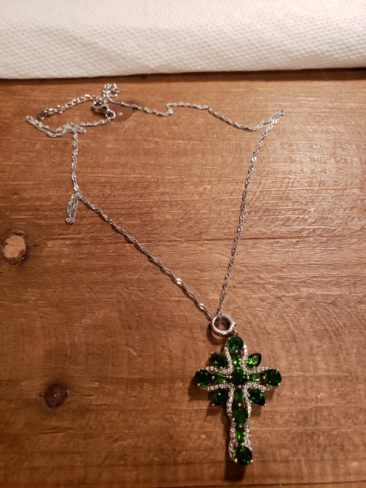 Green Chrome Diopside Rhodium Over Sterling Silver Cross Slide on 925 Chain