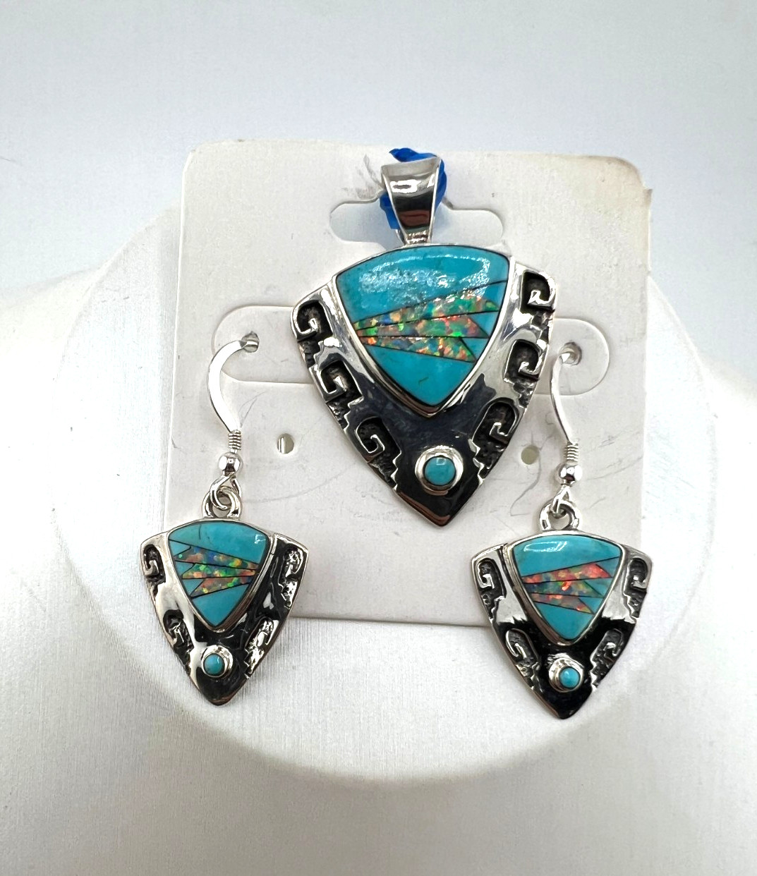 Southwestern style necklace & earrings set 925 Sterling silver Turquoise Opal