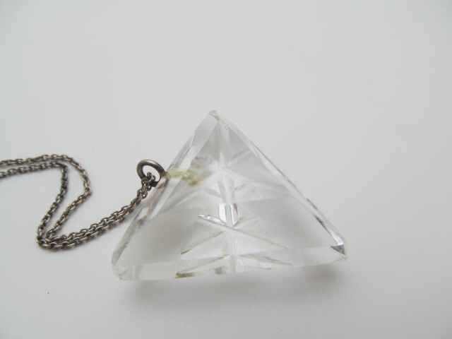 925 Sterling Silver Triangle Clear Star Carved Glass Pendant Oval Chain Necklace