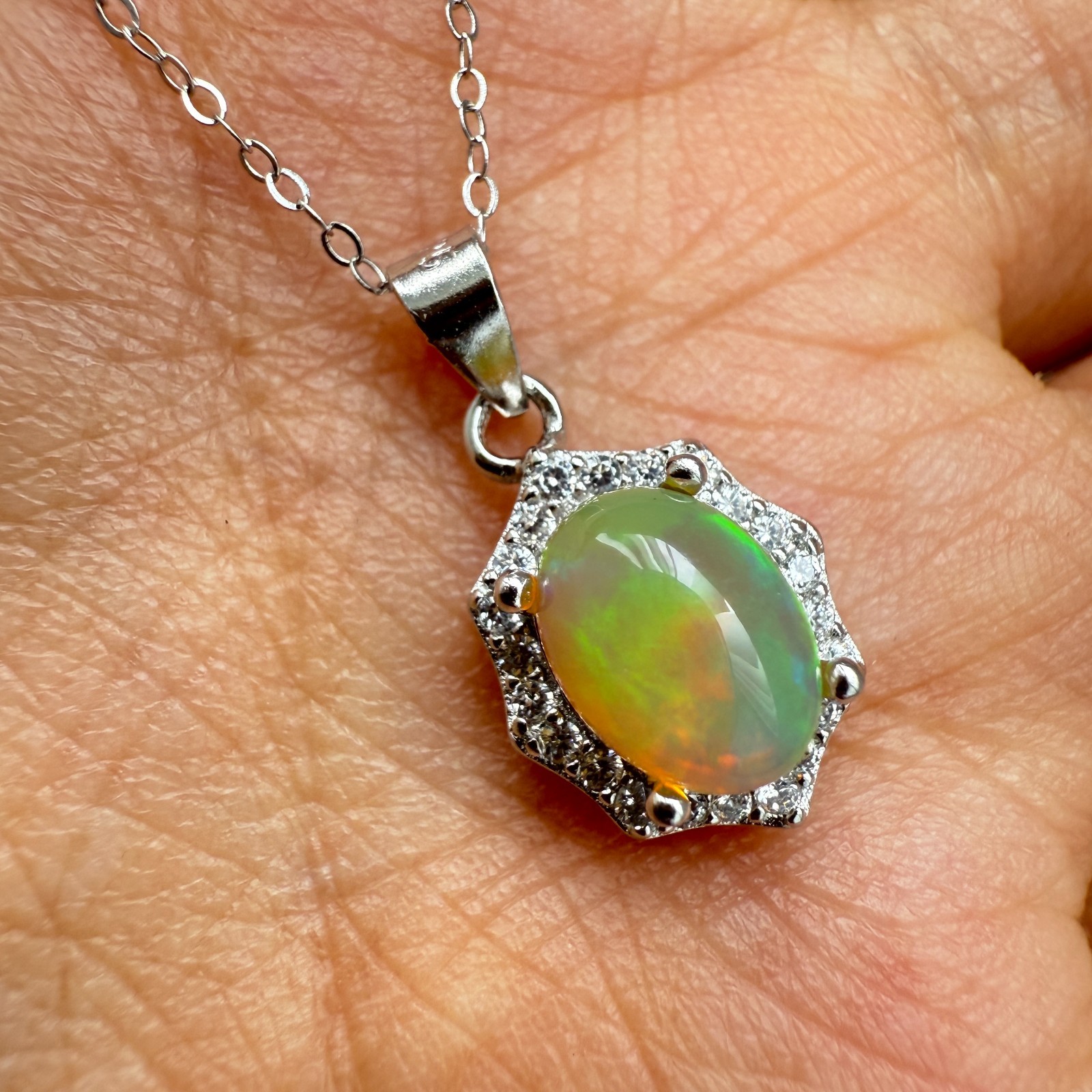 925 Sterling Silver Necklace 8x6mm Natural Opal Gemstone Zircon Flower Chain NEW