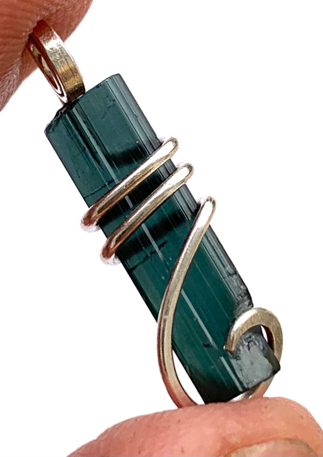 Blue Tourmaline Crystal in Silver Wire wrap Art Pendant Rare Crystal 7.20