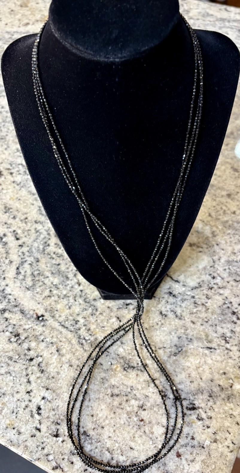 Black Spinel 3 Strand 1mm Beaded Necklace Sterling Silver Clasp 36” New In Box
