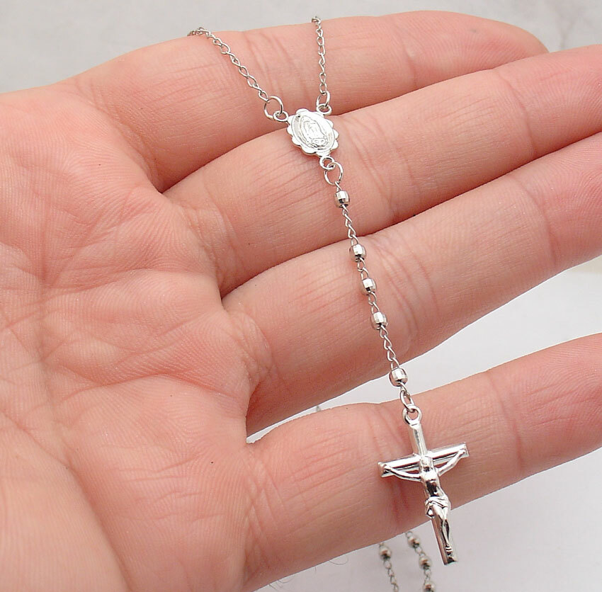 17″ 2.5mm Diamond Cut Rosary Chain Cross Crucifix Necklace Real 10K White Gold