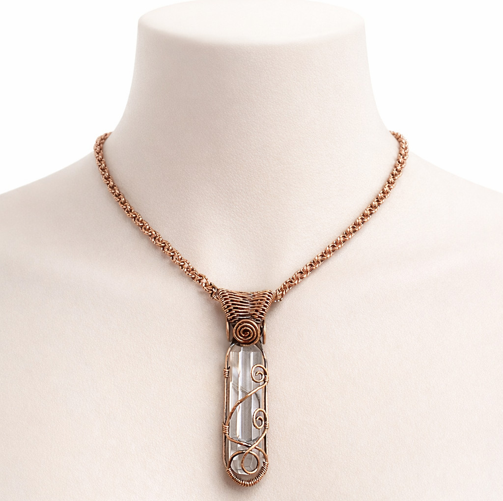 Handmade Clear Quartz Healing Crystal Necklace Copper Wire Wrapped Pendant