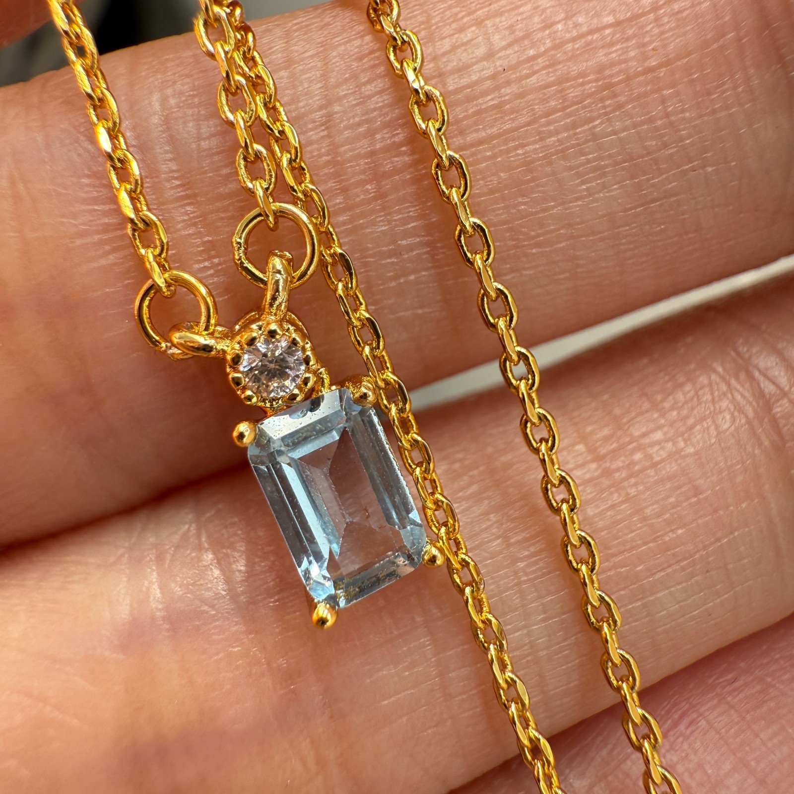 925 Sterling Silver Necklace 6x4mm Natural Blue Aquamarine 14K Gold Plated Chain