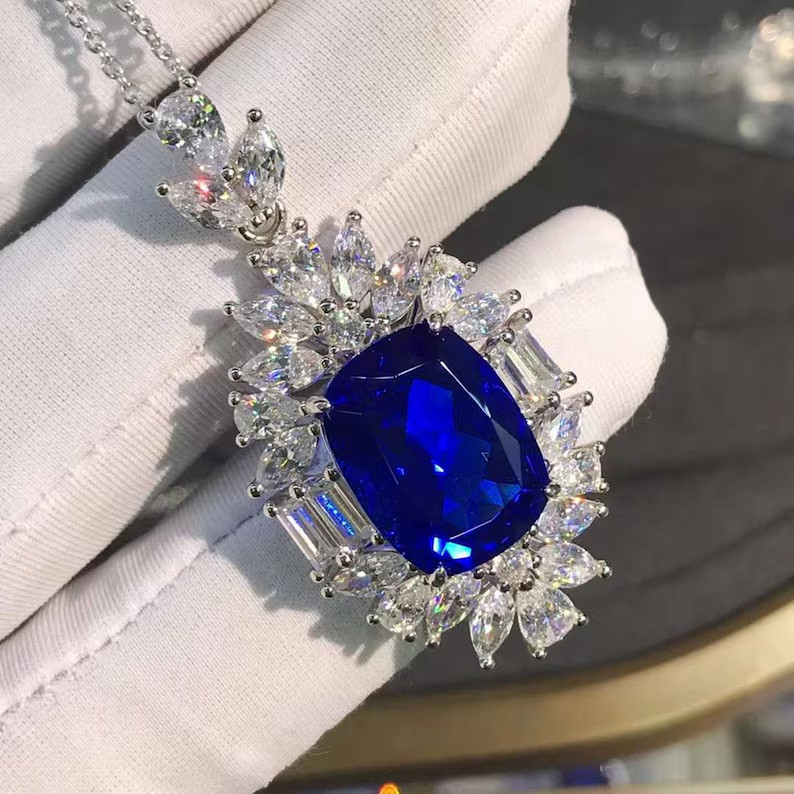 6.00Ct Cushion cut Natural Blue Sapphire & Diamond 14K White Gold Luxury Pendant