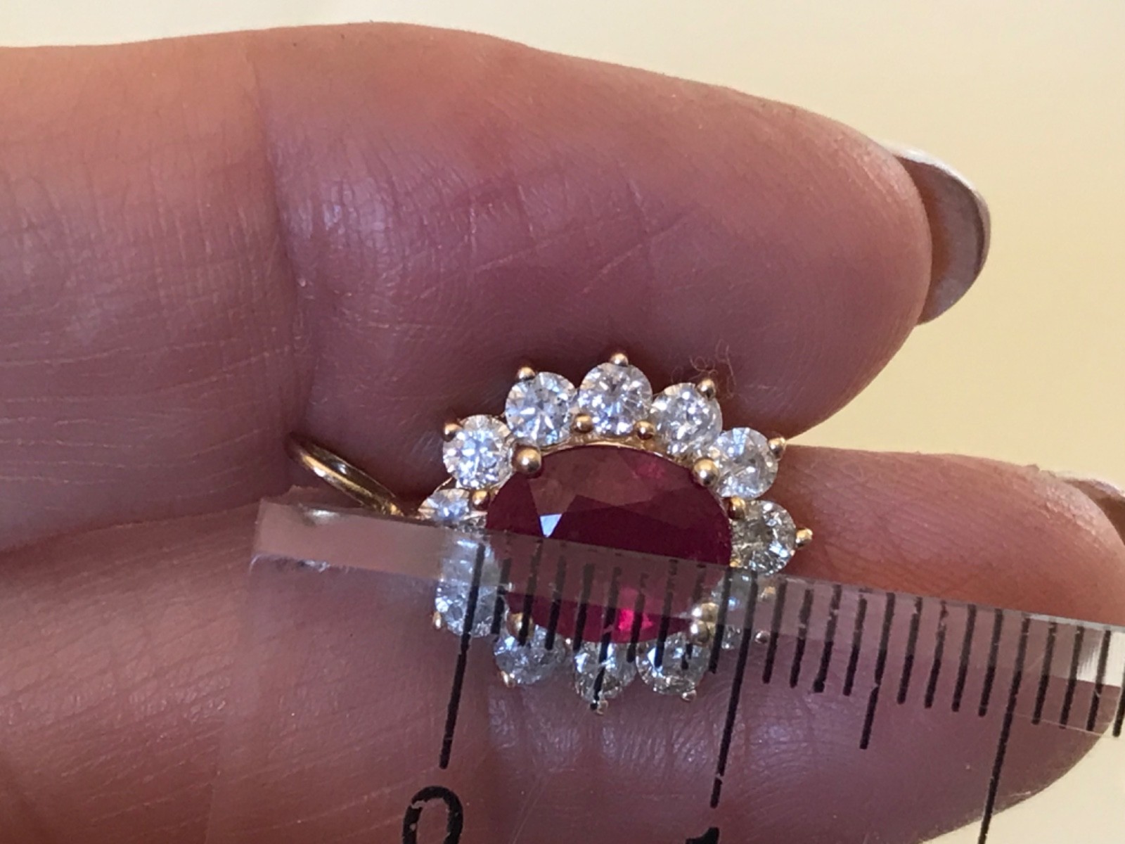 14k diamond ruby pendant halo yellow gold oval round red glass filled