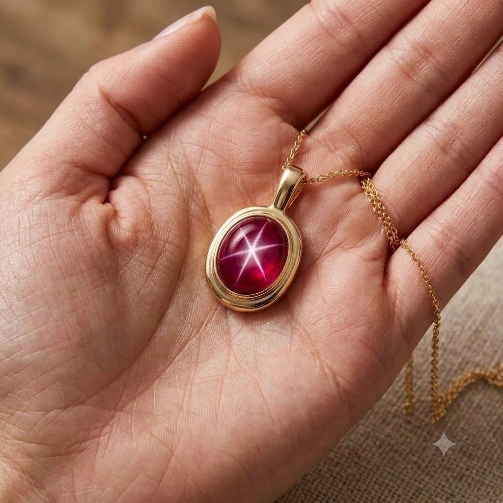 Red Star Sapphire Pendant Oval Gemstone 925 Sterling Silver Six Ray Gemstone