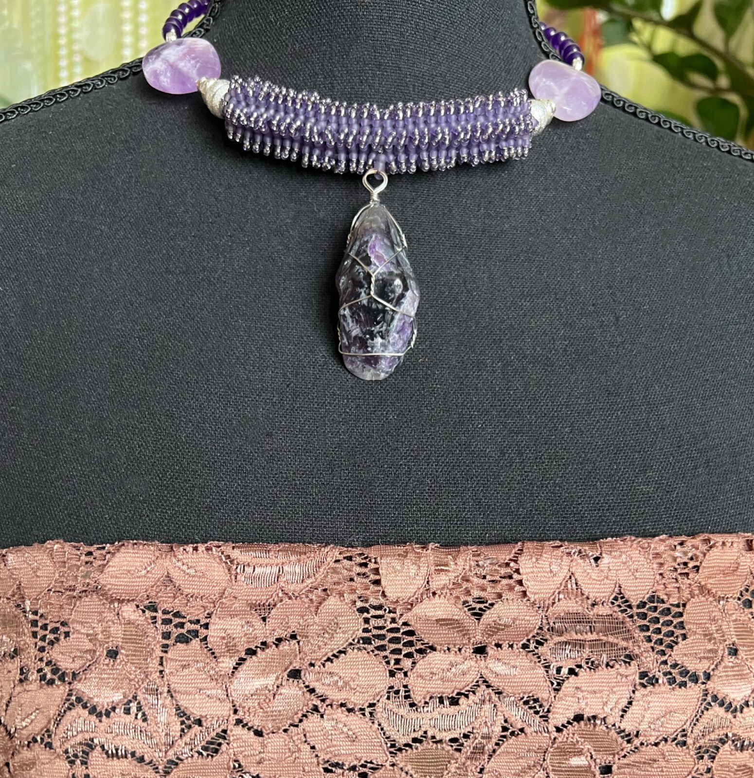 Stylish jewelry Natural Amethyst necklace modern pendent for her Handmade USA