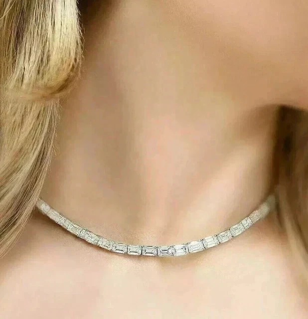 19Ct Emerald Cut Lab Created Diamond Tennis Necklace 14K White Gold Plated 18″In
