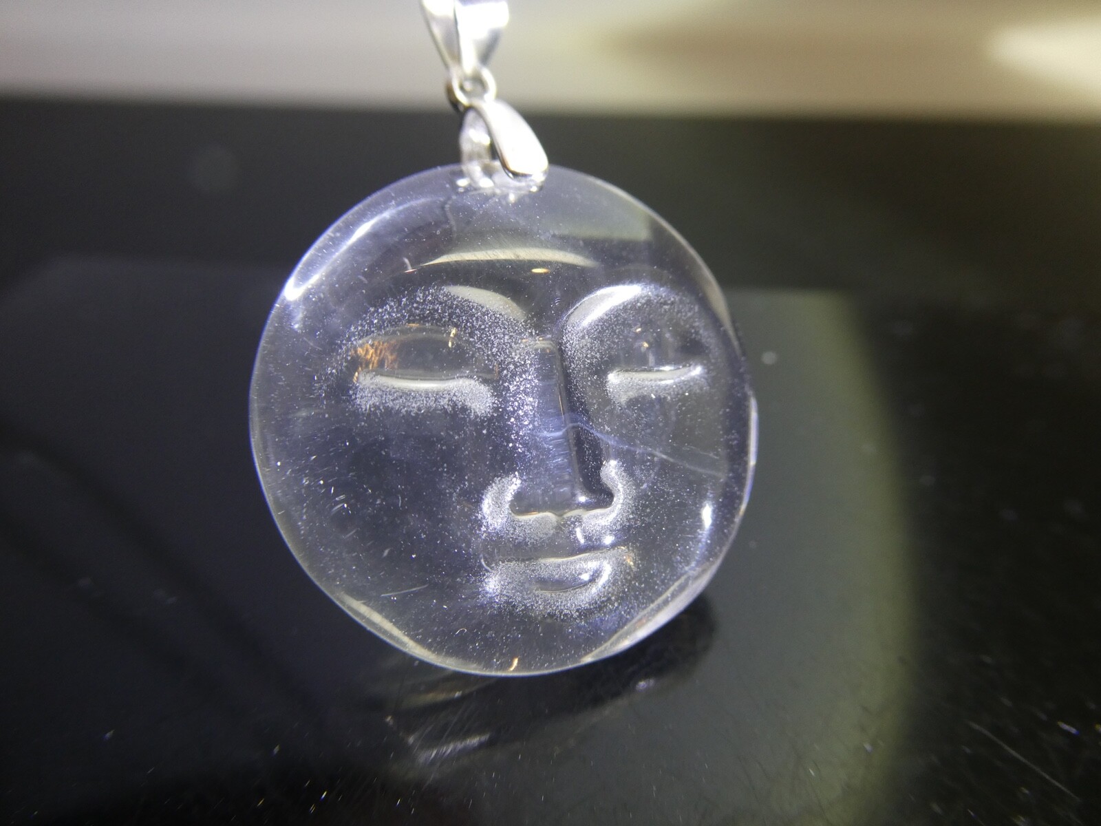 Rock Crystal Clear Quartz MOON Gemstone Sterling Silver 925 Pendant Necklace