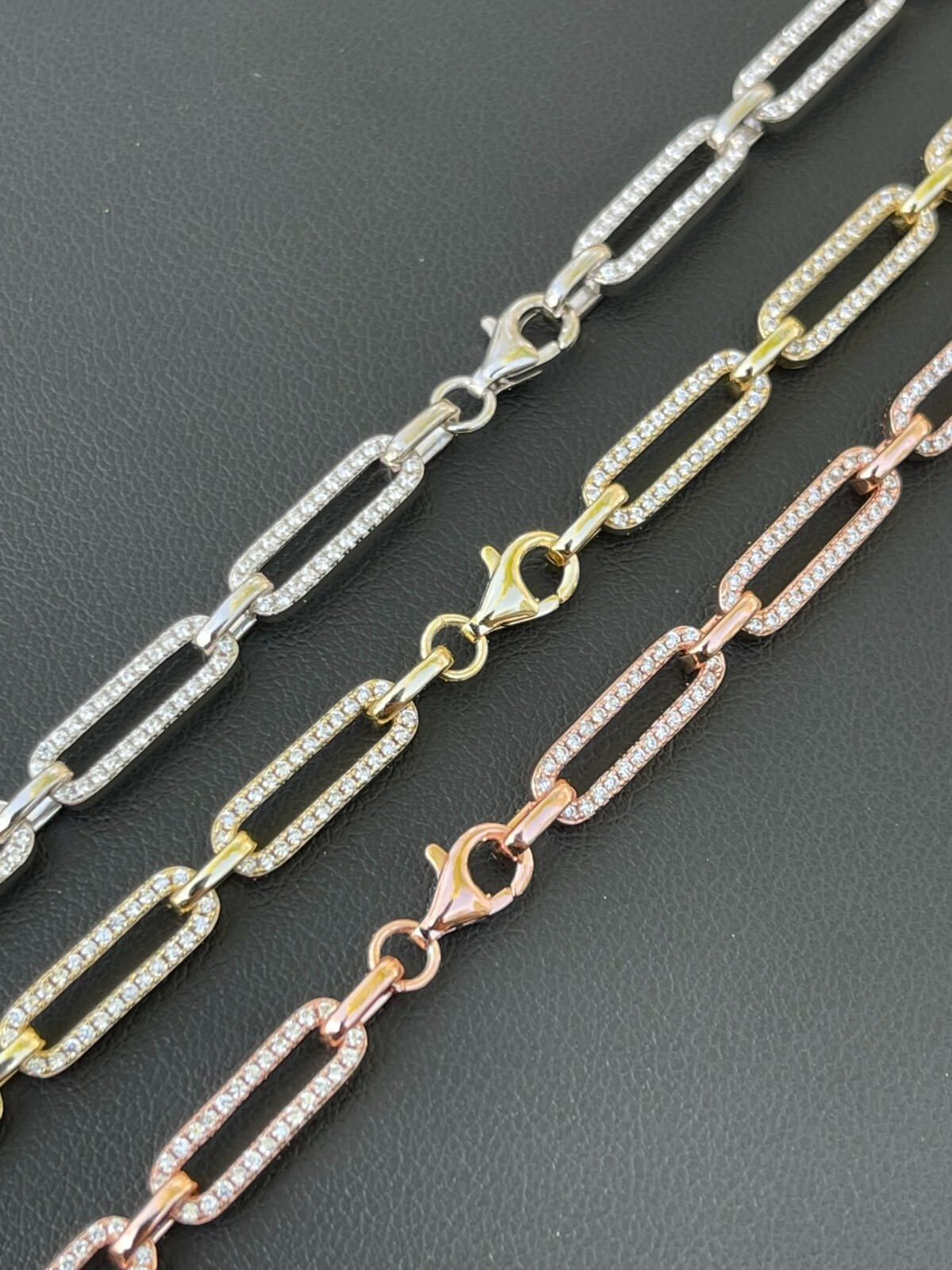 Solid 925 Sterling Silver & Gold Plated CZ Paperclip Chain 5mm Necklace Bracelet