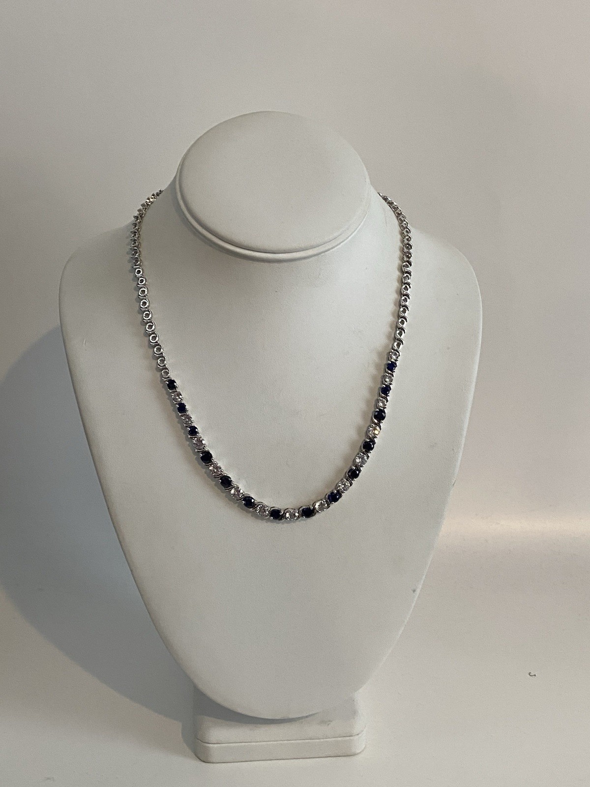 925 Sterling Silver Lab Created Blue & White Sapphire Tennis Necklace Signed EMA