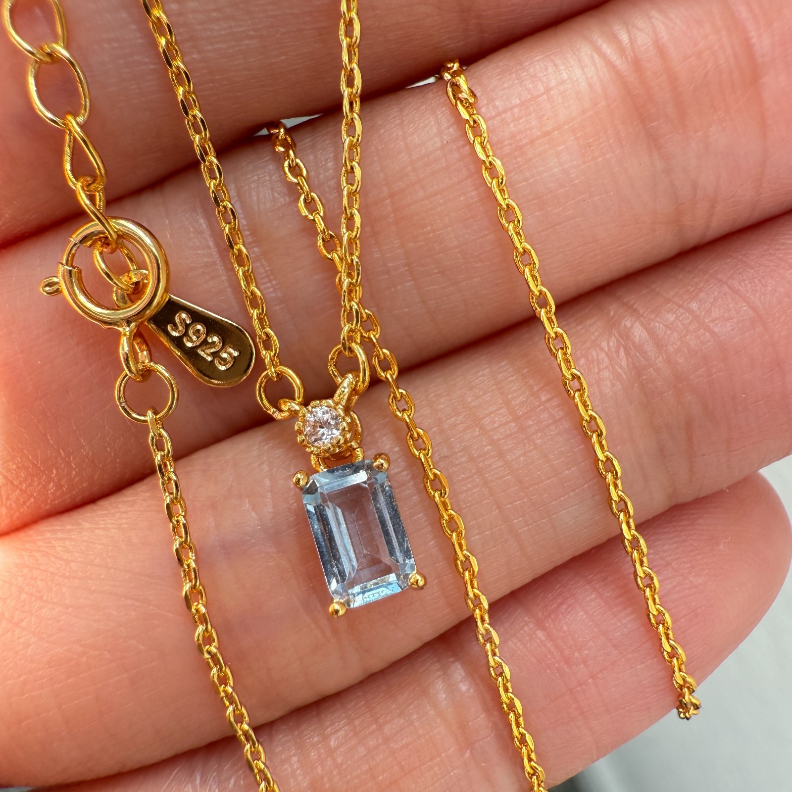 925 Sterling Silver Necklace 6x4mm Natural Blue Aquamarine 14K Gold Plated Chain