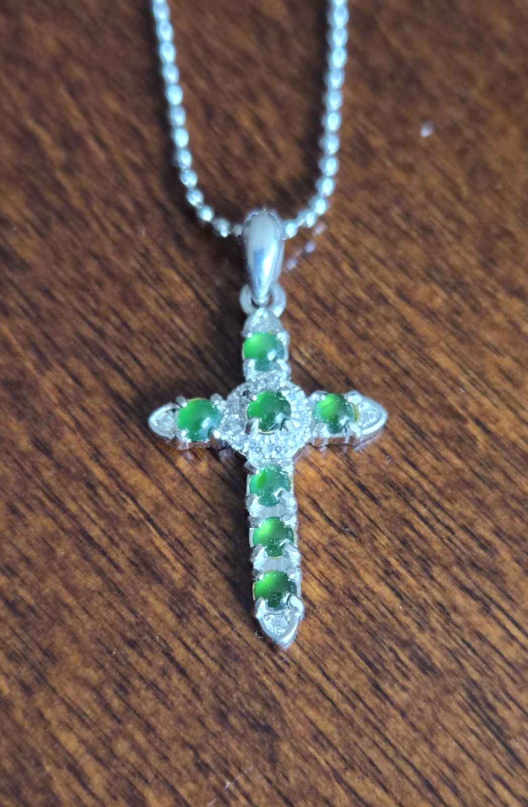 Natural Tiny Green Jadeite Cross pendant necklace in 925 Sterling Silver setting