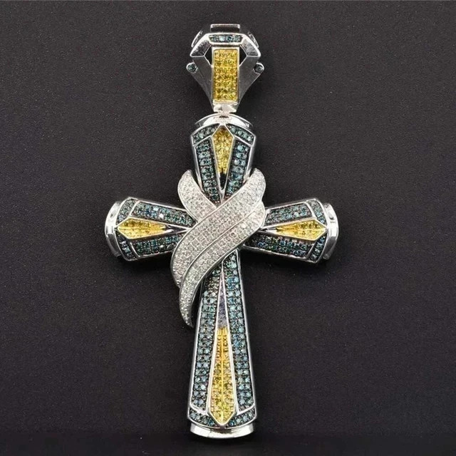 Men’s 2Ct Blue & Yellow Lab Created Diamond 14K White Gold Plated Cross Pendant
