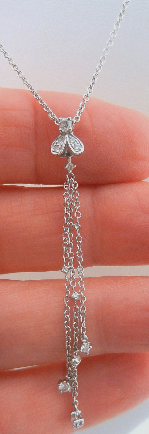Petite 14k 18k White Gold Diamond Bee Pendant Waterfall Lariat Necklace 18″