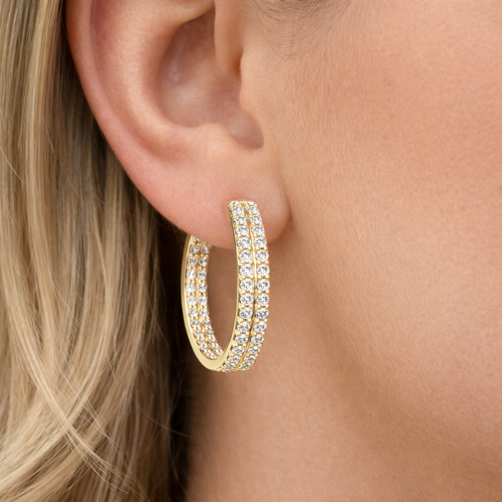 $3999-2CTTW💥CERTIFIED NATURAL Diamond INSIDE OUT HOOP EARRINGS💥10K YELLOW GOLD