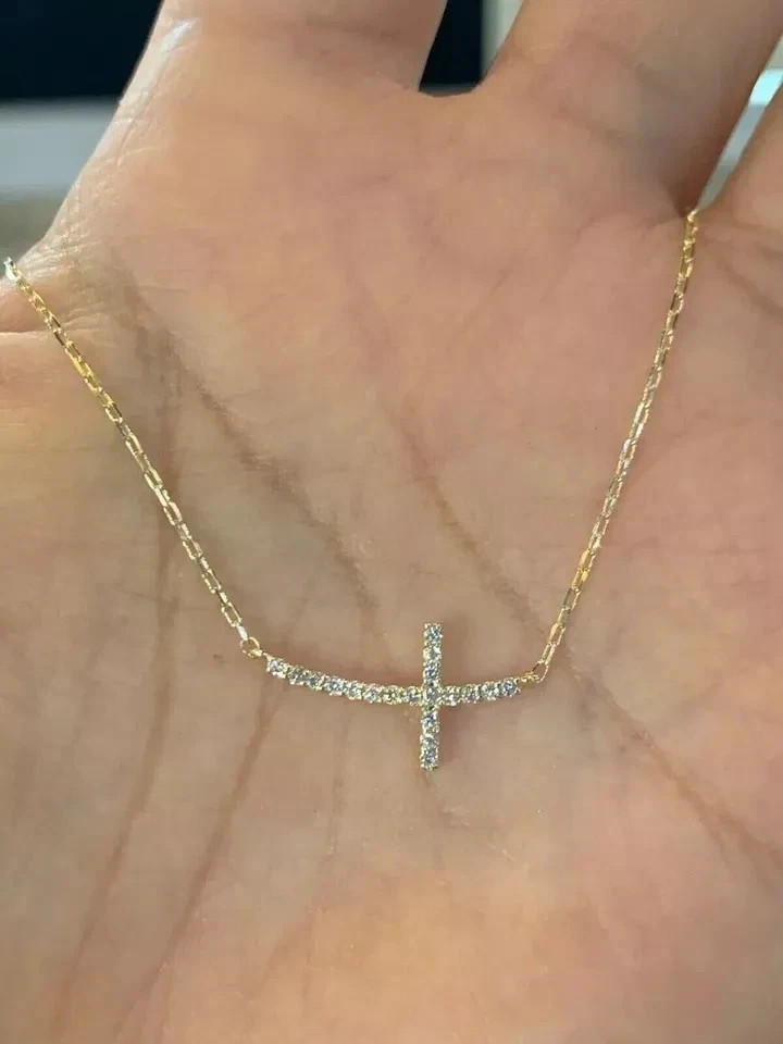 2Ct Real Moissanite 14K Yellow Gold Plated Sideways Cross Pendant Necklace 18″