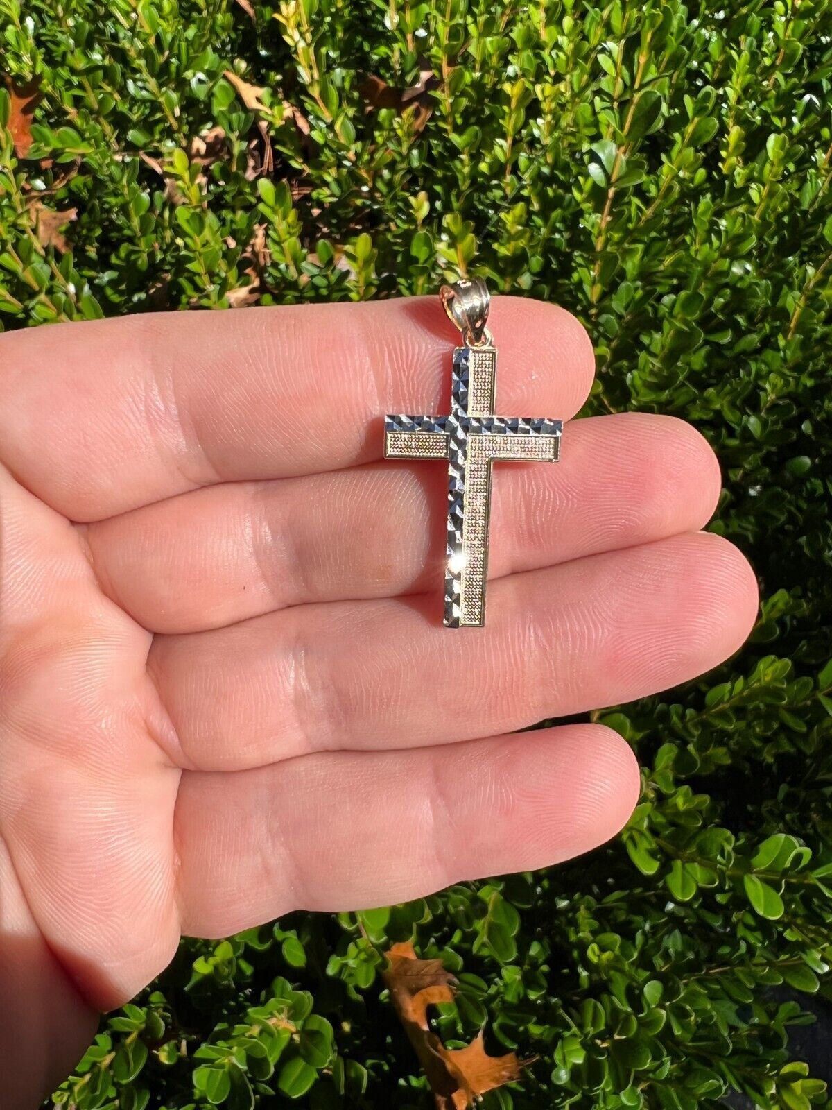 Real 14k Solid Yellow & White Diamond Cut Gold Cross Crucifix Pendant Necklace