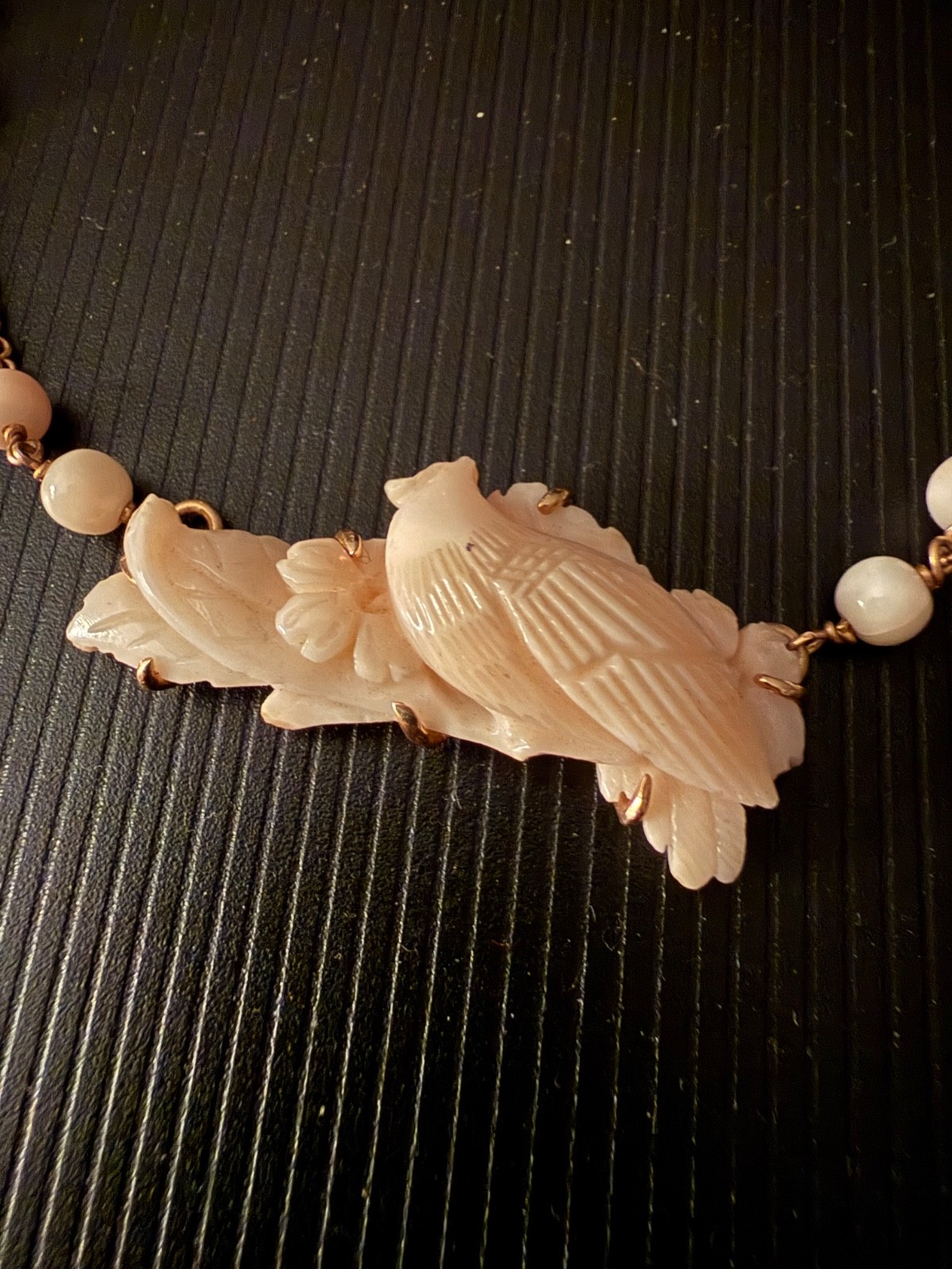Vintage 14K Gold Angel Skin Coral Necklace Carved Bird Pheasant Pendant 18″ Esta