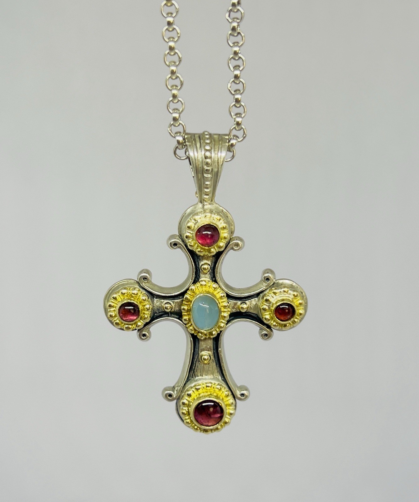 Konstantino 925 750 Aquamarine Pink Tourmaline Cross Pendant 18″ Toggle Chain