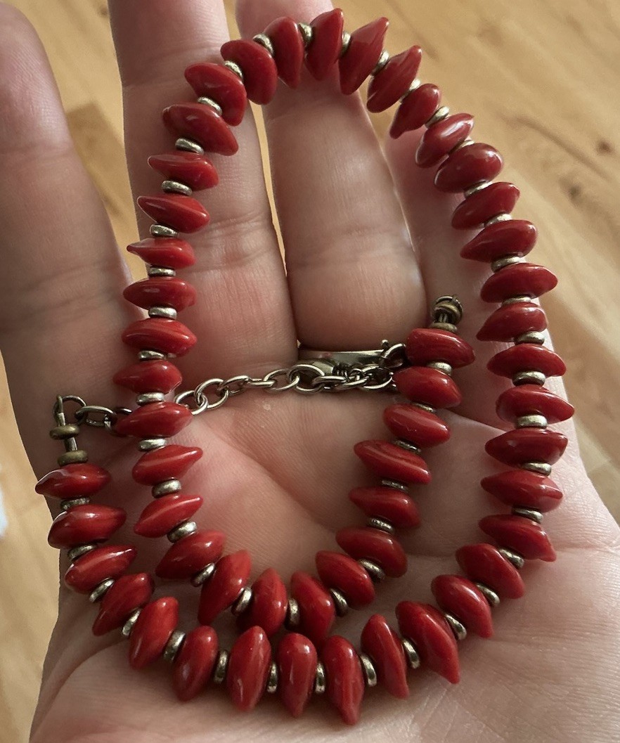 Faux Red Coral And Sterling Beaded Necklace Choker Collar Length 14.25”-16.25”