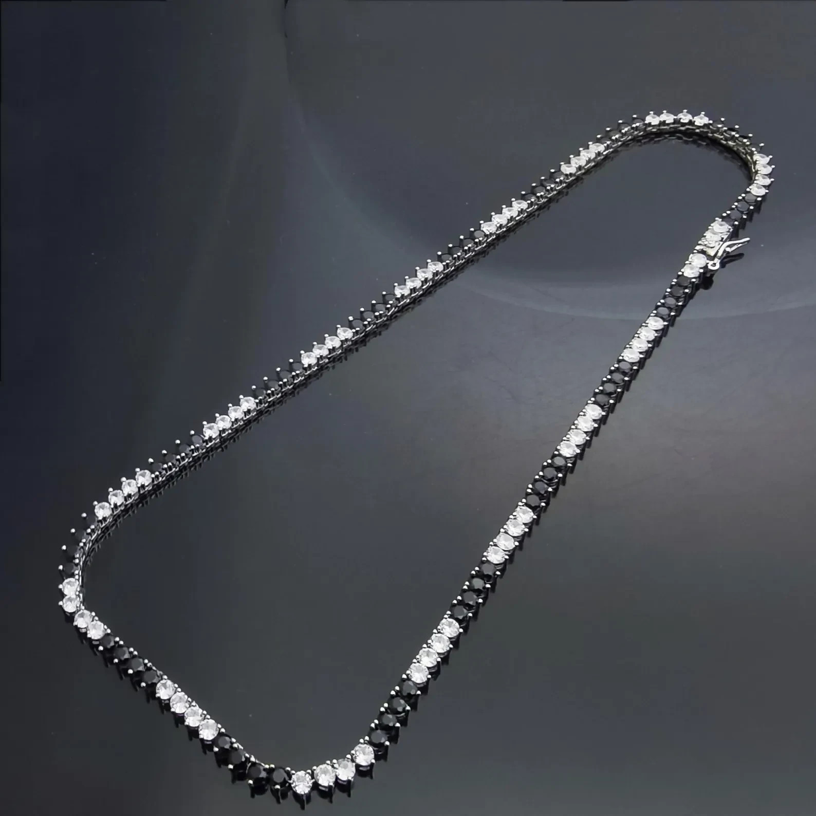 4mm Black & White Diamond Lab Created Tennis Necklace 14K White Gold Plated 18″