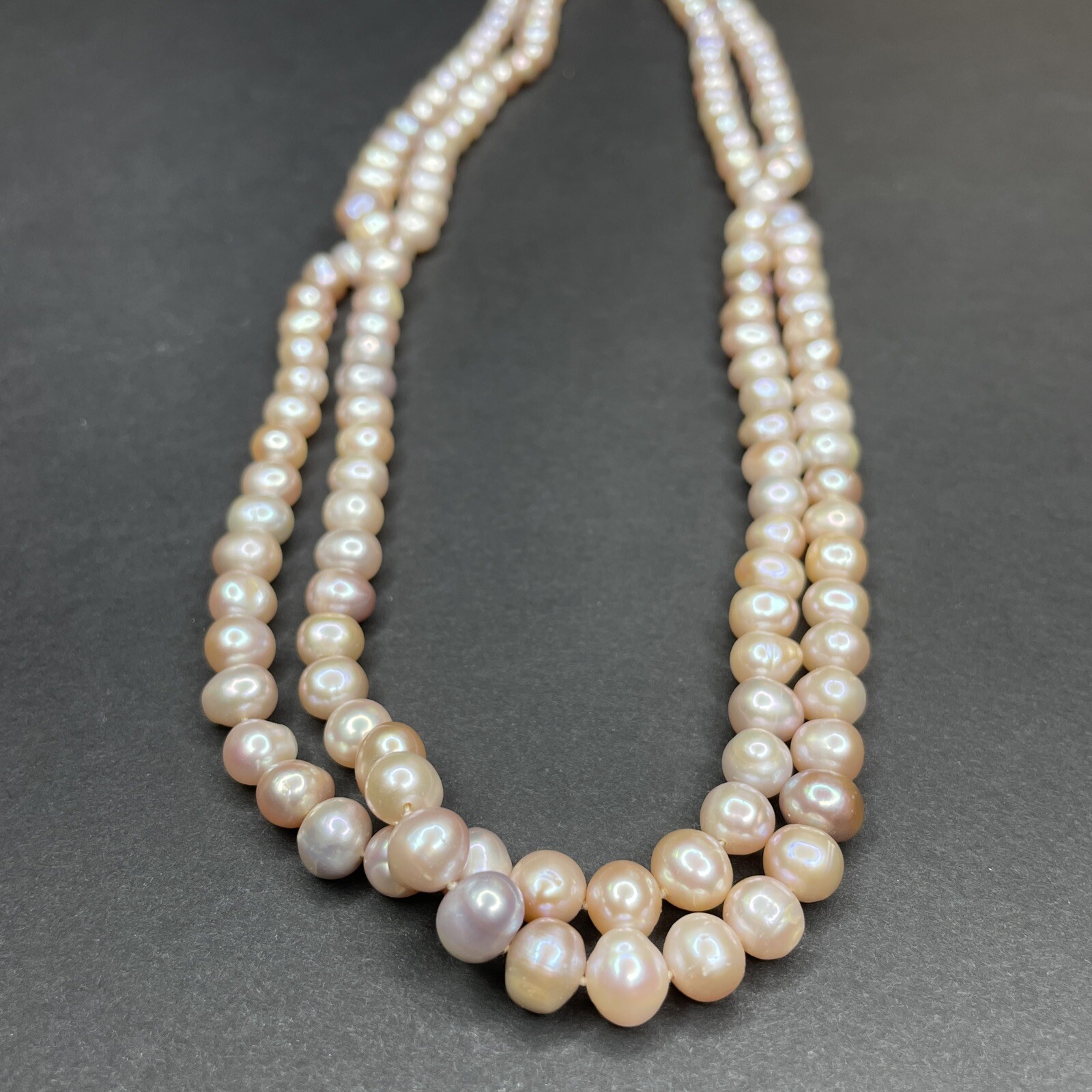 Antique 1940s 9k Gold Clasp Saltwater 7mm Pink Pearl 50″ Single Strand Necklace