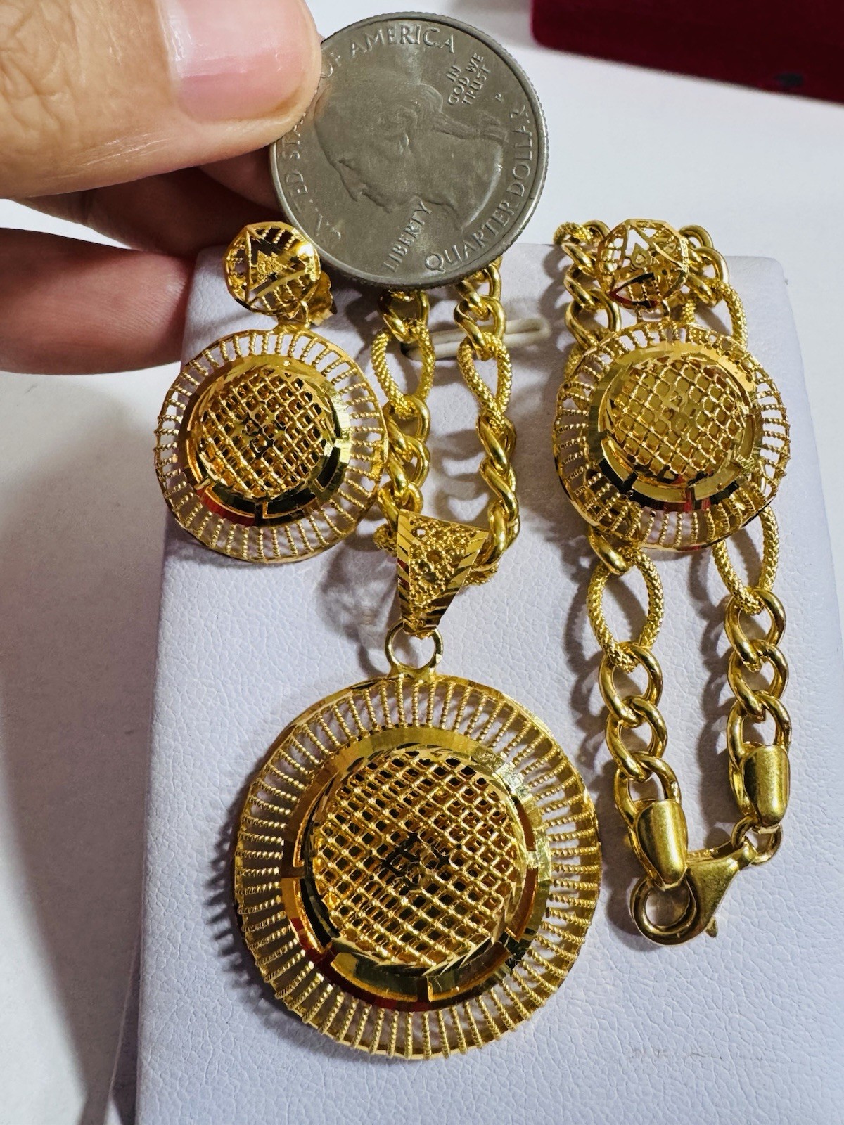 Saudi Dubai 22K Solid 916 Real Gold Round Earring Necklace 18” Long 21.45g 5.5mm