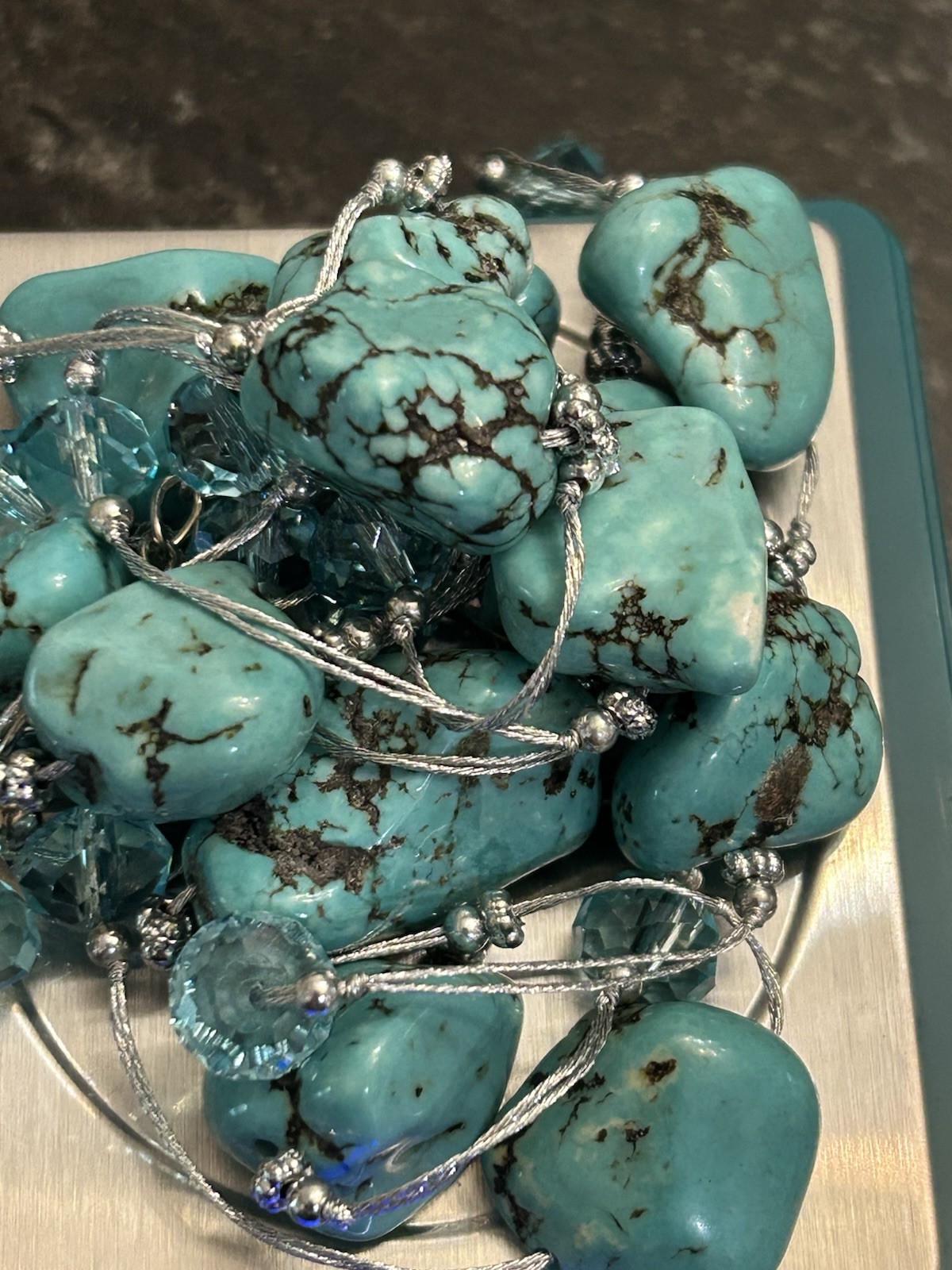Boutique Turquoise Nuggets w/Crystal Beads Spun Silver Chain Necklace 56” 98.8g