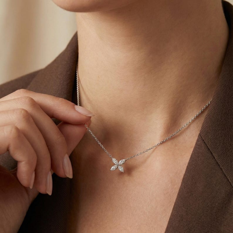 Marquise Cut Flower Necklace Four Petal Cluster Sterling Silver Floral Jewelry