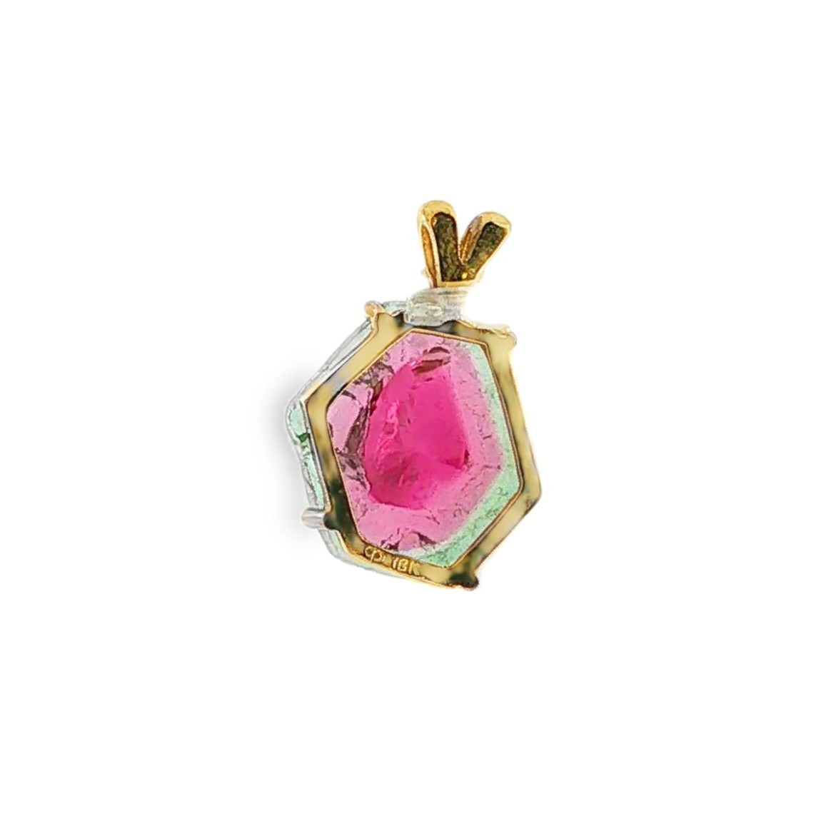 Vintage 18KY Asymmetrical Hexagon Watermelon Tourmaline Pendant – 0.75″ by 0.50″