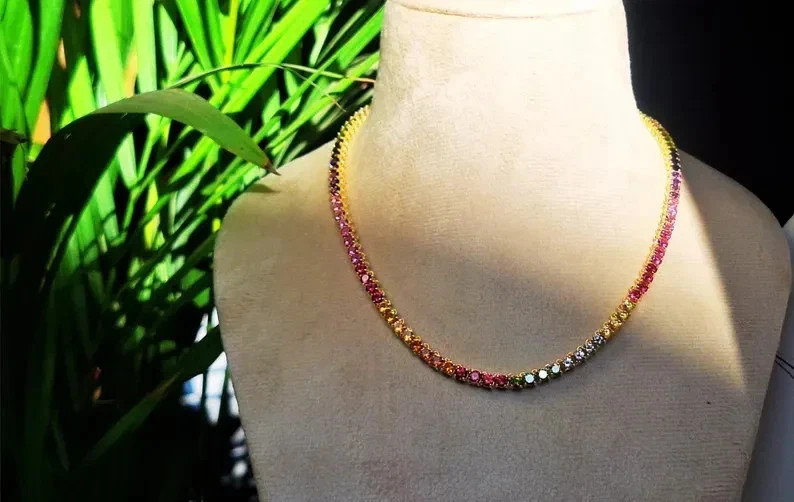 4MM Round Cut Lab Created Rainbow Sapphire Tennis Necklace 14k Yellow Gold Over