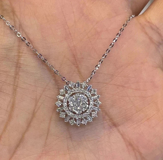 Lab Grown Diamond Cluster Pendant 2Ct Round Cut Necklace 14K White Gold Plated